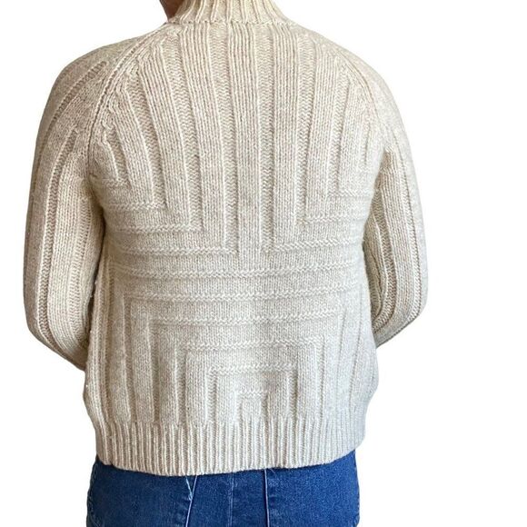Vintage 80s Womens 100% Wool Chunky Knit Cream White Full Zip Preppy Cardigan M - Picture 7 of 10